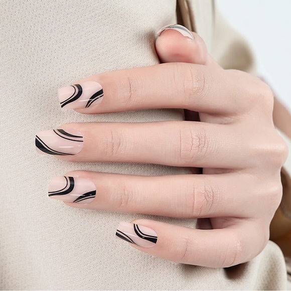 24 Glossy False Nails w/Glue Full Cover Acrylic Press On Nails Black French Line - Picture 4 of 8